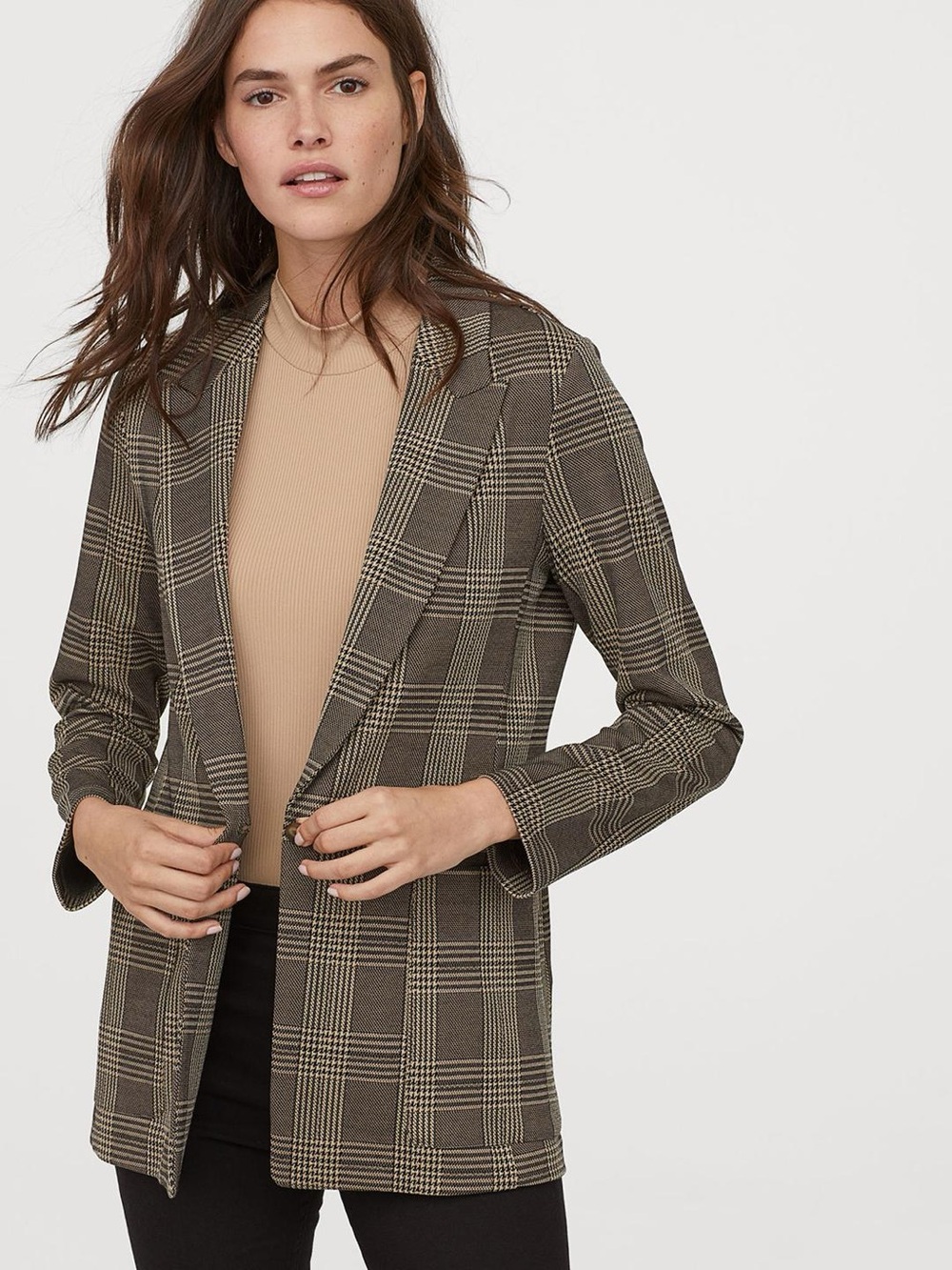 Checked Open-Front Blazer Jacket in Brown Plaid